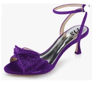 FYS Women Rhinestones Bow Peep Toe Low Kitten Heel Ankle Strap Sandals Purple